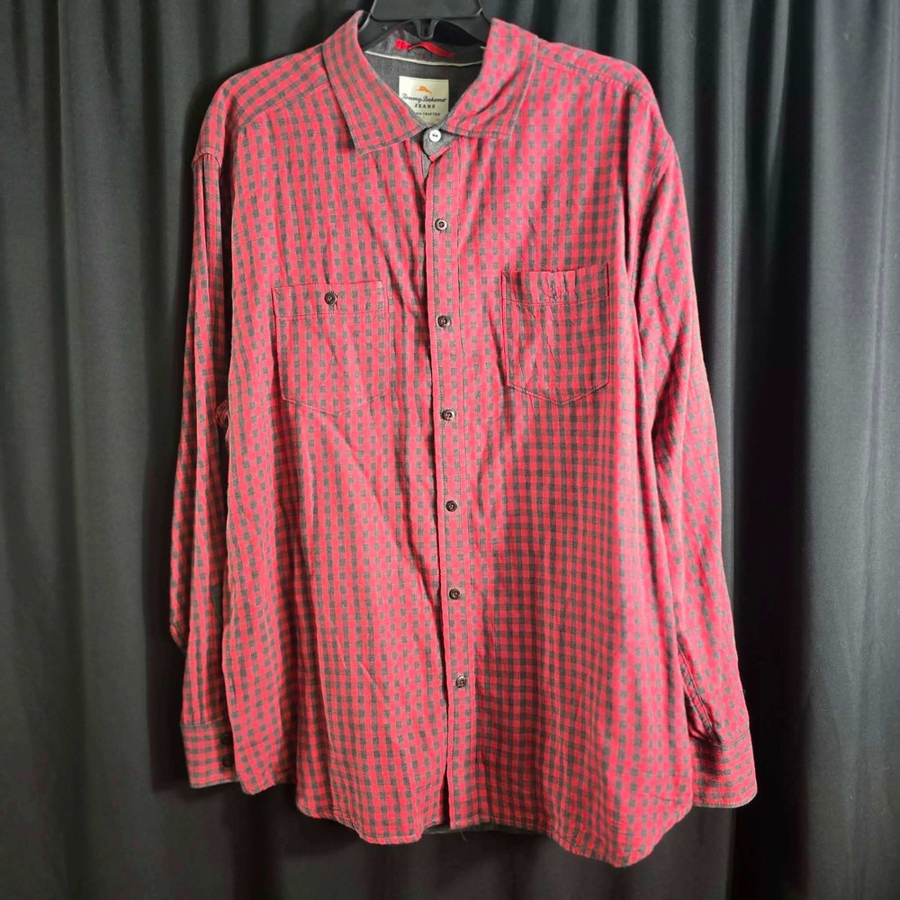 Tommy‎ Bahama Jeans Mens XL Red Black Gingham Check Cotton Button Down Shirt